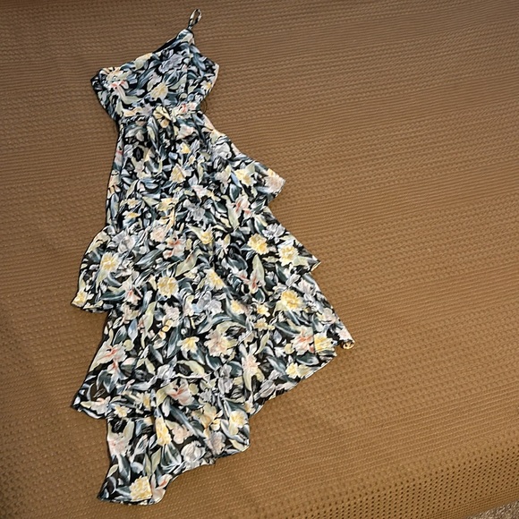 Petal and Pup 1 strap Asymmetrical Floral Ruffle Evening Dress - Picture 1 of 9